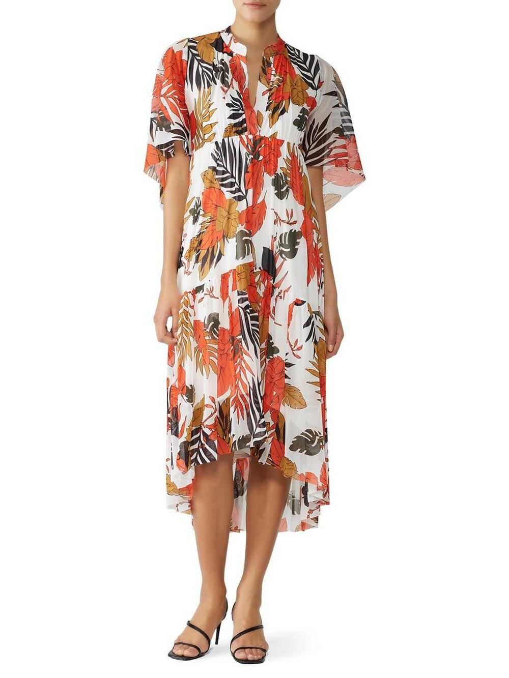FUZZI Midi Dress Women L Leaf Print Tulle Ivory Orange Brown A-Line Ruffle